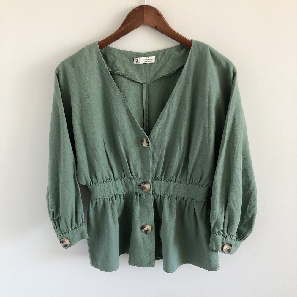 Zara Sage Green Button-Front Peplum Blouse